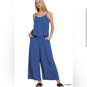 Zenana 2 piece set pants and tank blue new